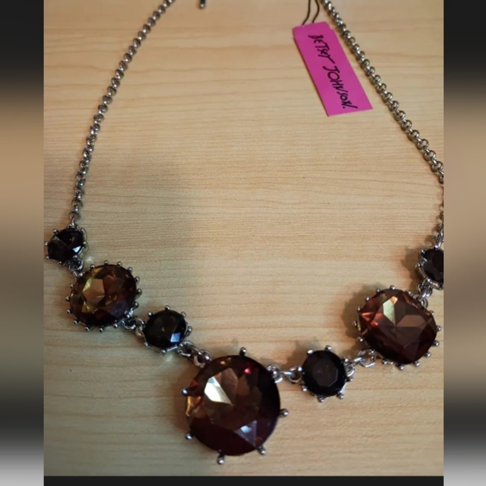 Betsey Johnson Amethyst Purple Plum Jeweled Lucite Stone Silver Necklace